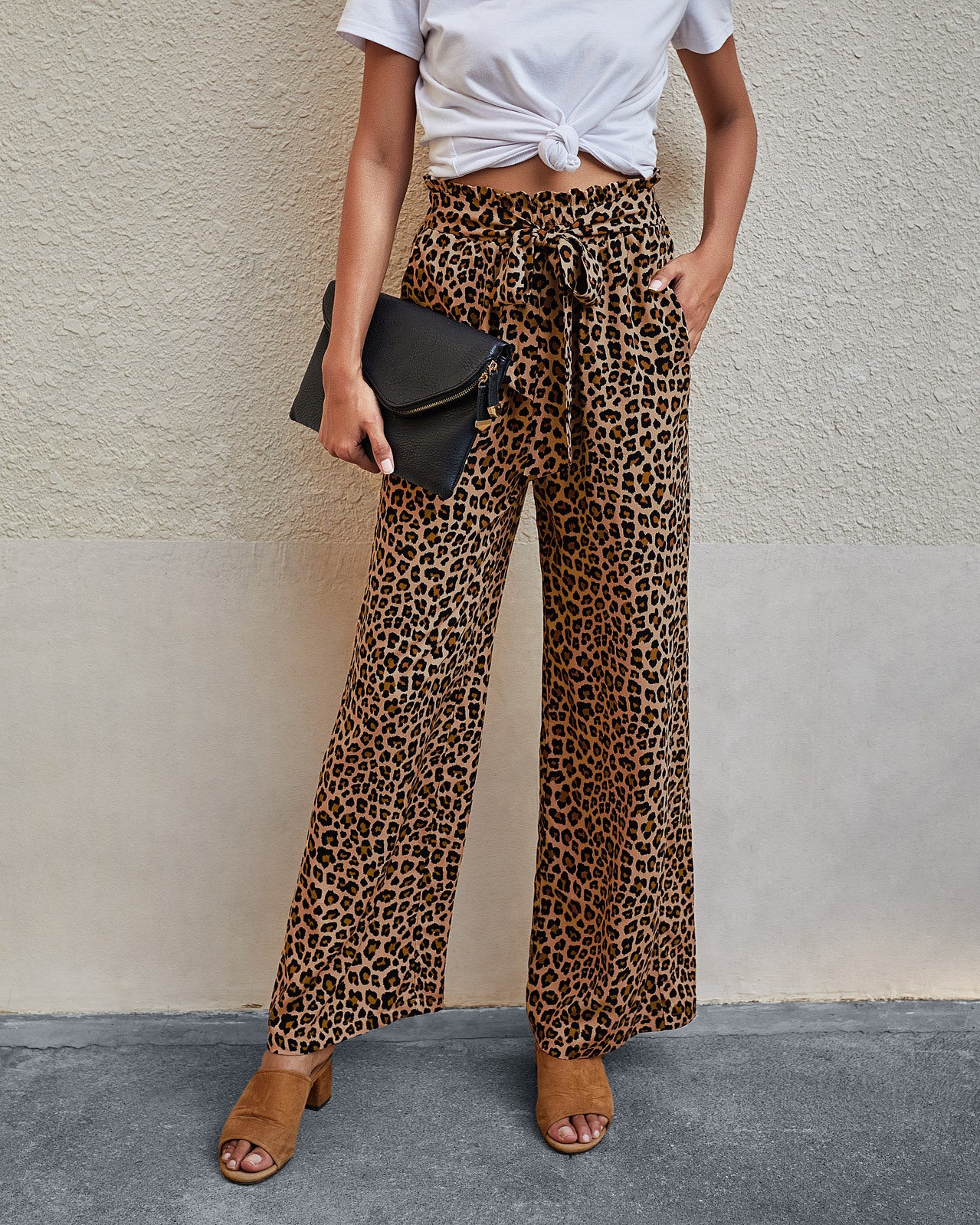 Women's Fashionable Leopard Print Lace-up Wide-leg Trousers - Image 5