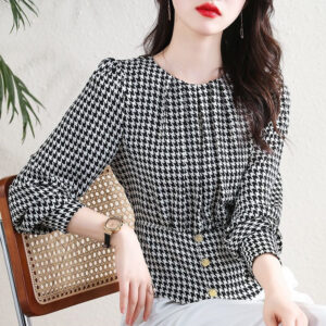Chanel-style Houndstooth Pullover Blouse For Women