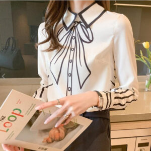 Silk Blouse Women Fake Bow-knot Printing Blouse Satin Silk Long-sleeved Shirt